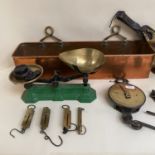 Quantity of brass and copper wares to include vintage scales , green base; heavy salter meat hook