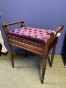 A mahogany piano stool, with purple button backed upholstery