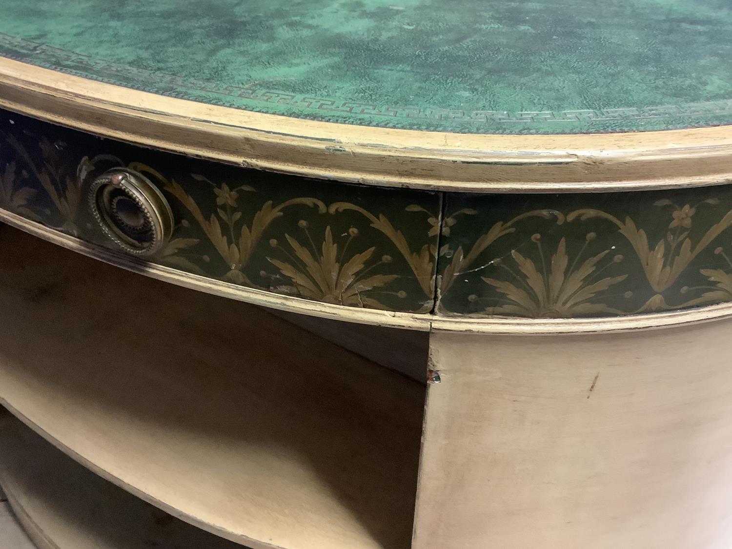 A decorative painted knee hole circular shaped desk/dressing table, with inset green leather top, - Image 8 of 8