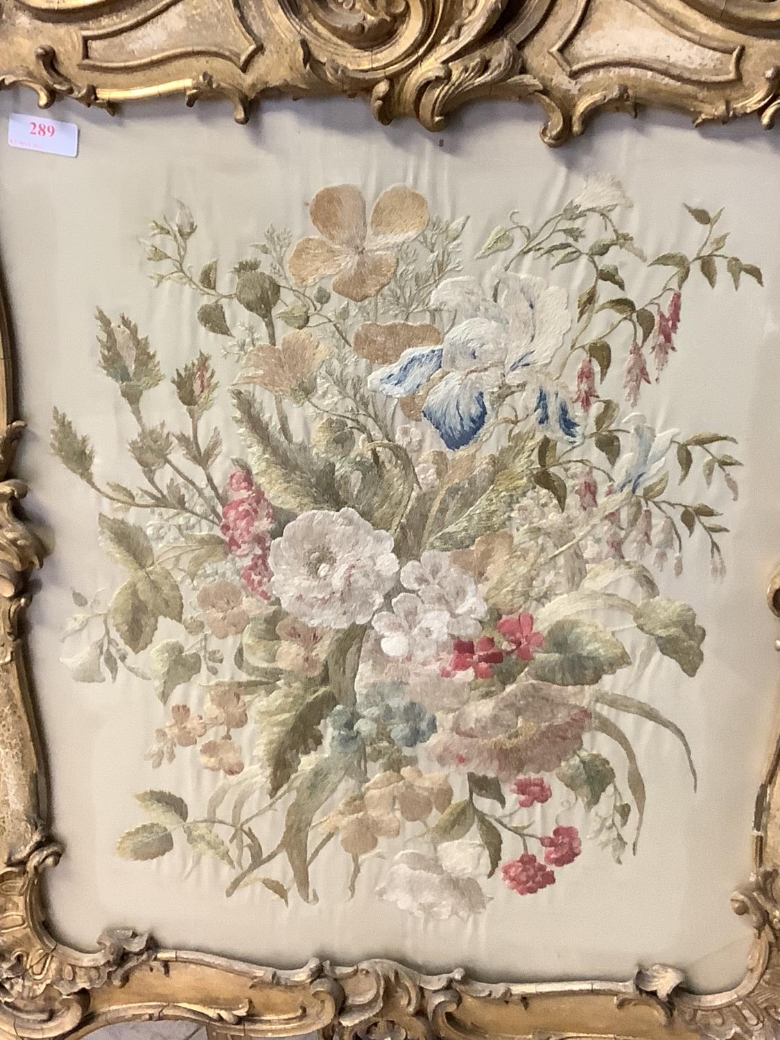 A gilt framed deocrated fire screen, inset glazed fine needlework floral panel, as found - much wear - Image 2 of 5