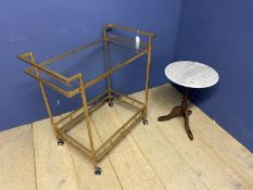 Small occasional table, with marble style top, and a vintage two tier metal trolley, with glazed