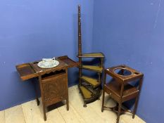 Mahogany narrow shelving unit 124cmH; A set of spiral library steps , with green leather inset