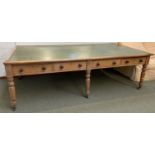 Large country rustic pine table with green inset leather top and drawers to side, 257cmL x 135cmW
