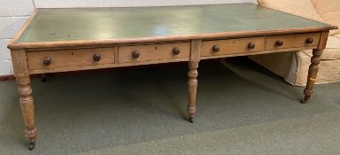 Large country rustic pine table with green inset leather top and drawers to side, 257cmL x 135cmW