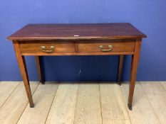 Small satinwood and inlaid writing desk, with tapered legs to castors and an inset tooled red