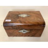 Fitted walnut work/jewellery box with fitted tray interiors, some losses to M of P, and minor wear