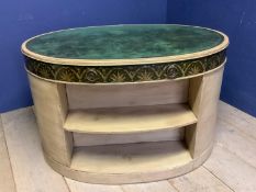 A decorative painted knee hole circular shaped desk/dressing table, with inset green leather top,