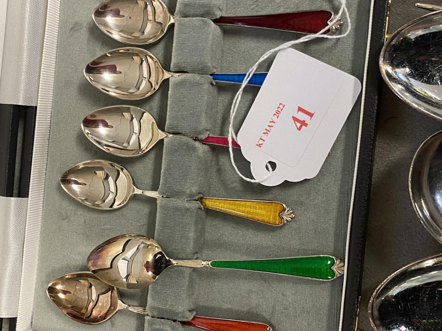 Boxed set of silver plated and guiloche enamel coffee spoons together with a collection of - Image 4 of 4