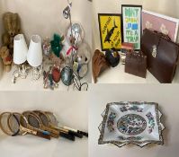 Quantity of general items including vintage tennis rackets, pictures, lighting, china, cuddly toys
