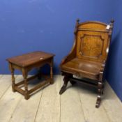 A good oak eclesiastical style hall chair, 97cm H x 52cmW x 43cmD; and a small joint stool