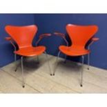 Original Arne Jacobsen armchairs in Orange, model 3207 by Fritz Hansen. Chrome Plated tubular