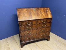 Mahogany bureau , with fitted interior, 4 graduated drawers with brass drop handles - note loose