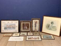 Collection of pictures and prints to include a Spaniel dog by James Rowley, etc, all in glazed