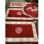 Pair of handmade oriental rugs, red with cream borders, oriental markings, 92 x 153m; 1 Chinese wool