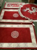 Pair of handmade oriental rugs, red with cream borders, oriental markings, 92 x 153m; 1 Chinese wool