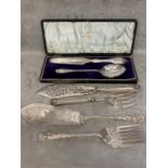 Three sets of C19th electro plated fish servers, one case, one pair with sterling handles