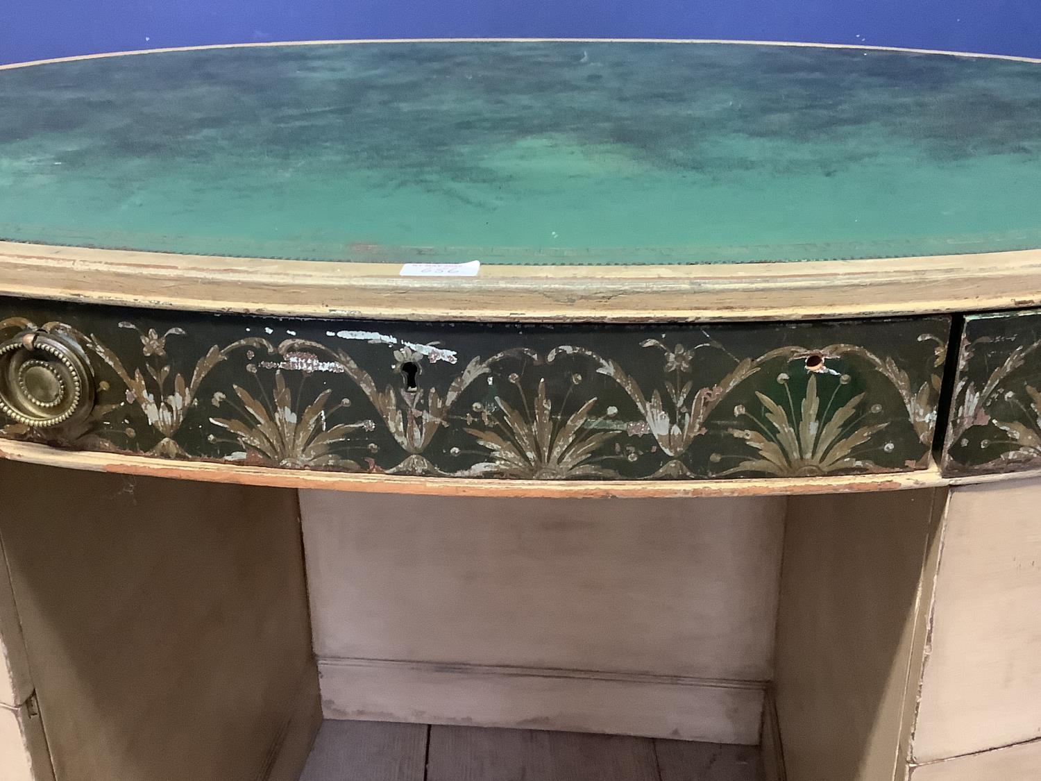 A decorative painted knee hole circular shaped desk/dressing table, with inset green leather top, - Image 3 of 8