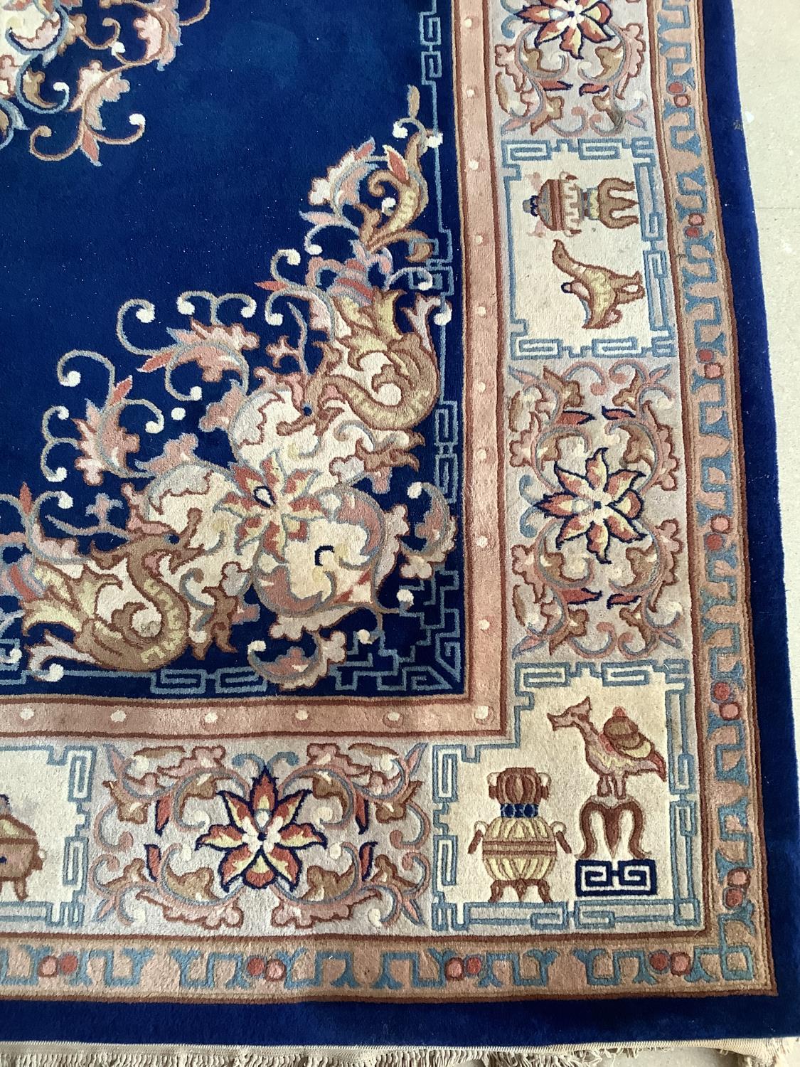 Large Chinese wash rug with Prussian blue borders, and all over stylized design 246 x 306cm - Image 3 of 5
