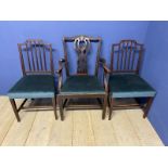 Three dining chairs with blue upholstered seats