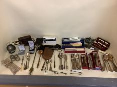 Qty of miscellaneous silver plate, costume jewellery, flatware, cameras, mixed brasswares, clearance