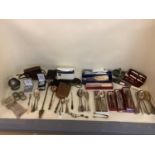 Qty of miscellaneous silver plate, costume jewellery, flatware, cameras, mixed brasswares, clearance