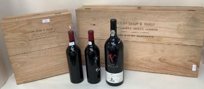 Two presentation boxes, Berry Bros & Rudd, and some bottles of wine