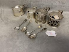 Collection of four sterling silver mustard pots, each with glass liners, various makers and dates,