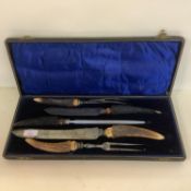 An old bone handled carving set, in fitted presentation box, all as found, with some wear