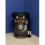 Decorative log basket/basket, with armorial painted coat of arms to front, and large ring handles