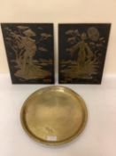 Pair oriental copper plaques, decorated lady and man to each panel, 31 x 23cm, and circular brass