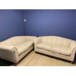 Pair of 2013 good cream striped upholstered sofas, very minor wear, 195cm approx L