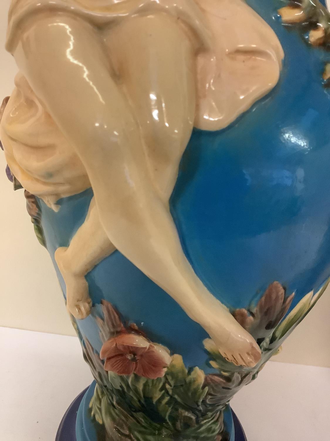 Pair of Continental majolica style vases, cast as maidens with branches of flowers on a sky blue - Image 4 of 15