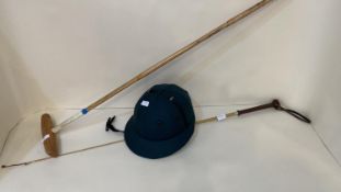 Polo hat, polo stick and a long polo whip