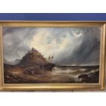 Early C20th oil on canvas of a St Michaels Mount, nautical scene, unsigned, in a gilt frame 74 x