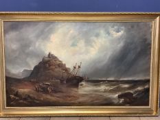 Early C20th oil on canvas of a St Michaels Mount, nautical scene, unsigned, in a gilt frame 74 x