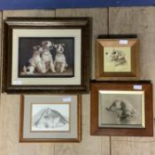 Quantity of pictures to include an oil of three terriers, and prints of dogs and a cat