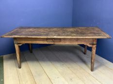 A good early C19th oak plank top kitchen table, with single drawer, on tapering legs, 203 L x 87cm