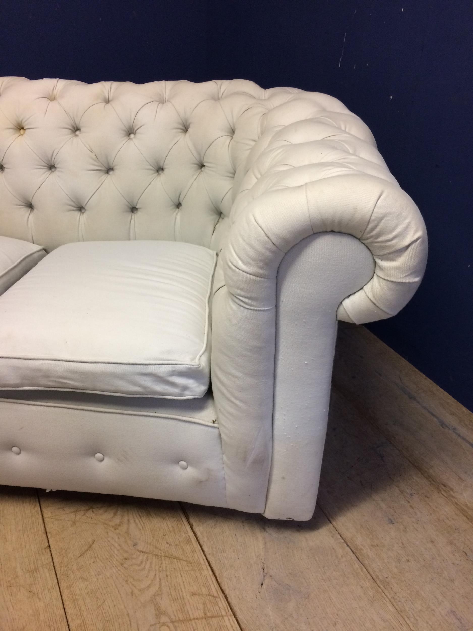 Victorian chesterfield sofa, upholstered in a light coloured fabric (some areas grubby with marks, - Image 2 of 5