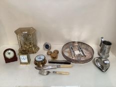 Three C20th mantle clocks, and a quantity of plated wares - nut crackers, pewter tankard, fish