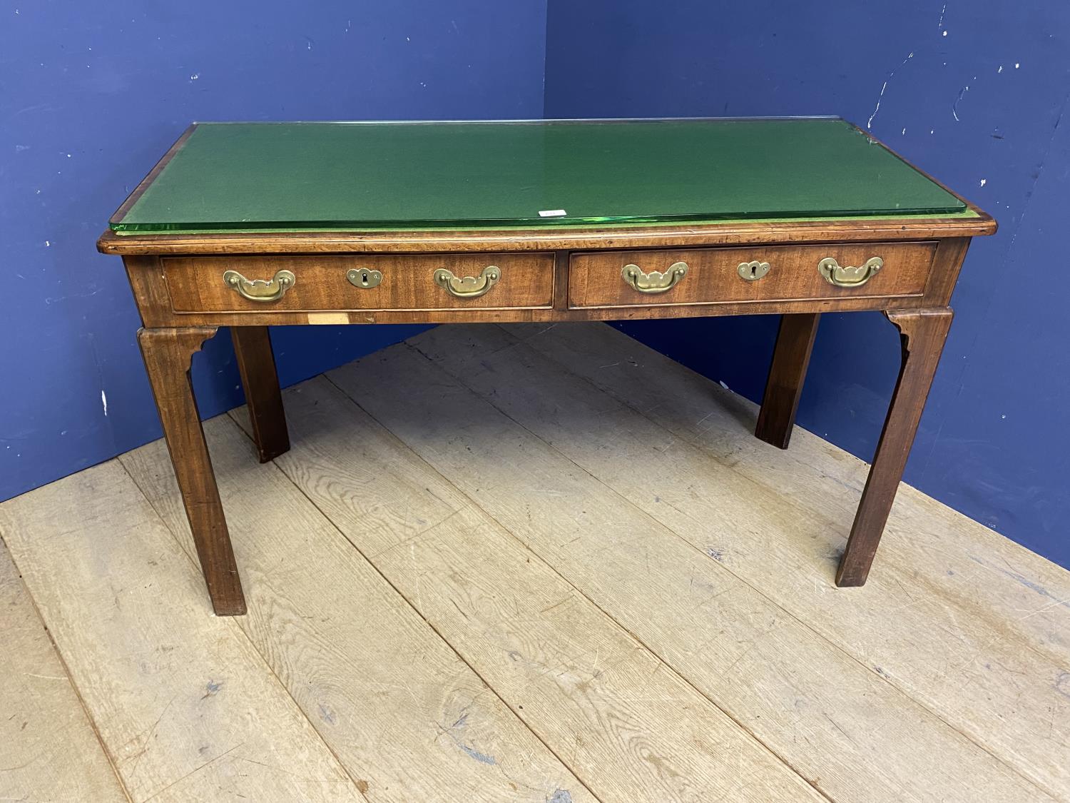 Two drawer side table, with green top and plate glass, and two chairs