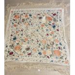 Silk shawl, gream ground, with needlpoint decoration of flowers and birds of prey, with a long