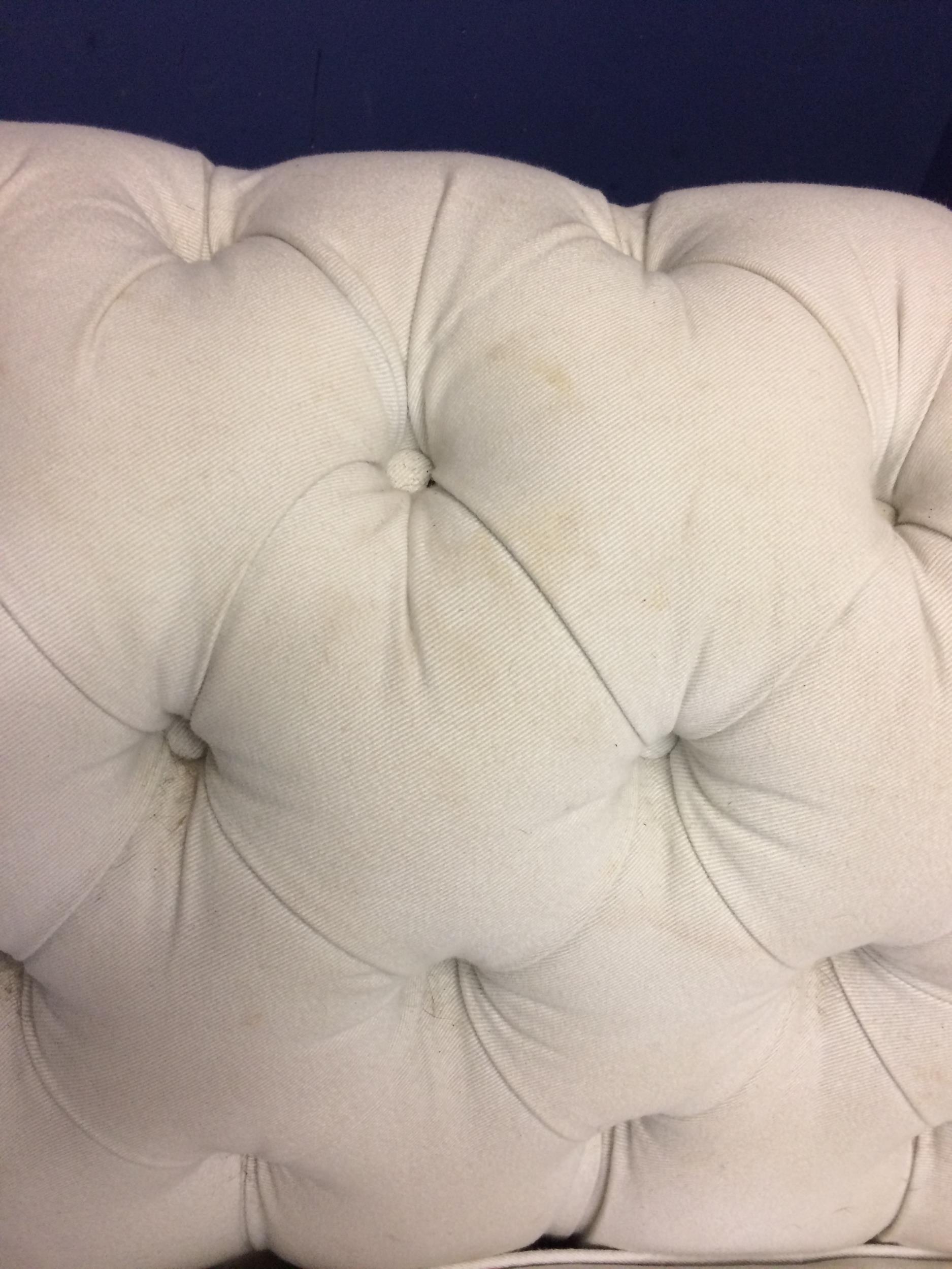 Victorian chesterfield sofa, upholstered in a light coloured fabric (some areas grubby with marks, - Image 4 of 5