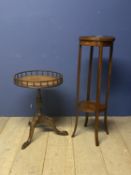 Modern reproduction circular galleried tripod table, and an Edwardian mahogany and line inlaid two