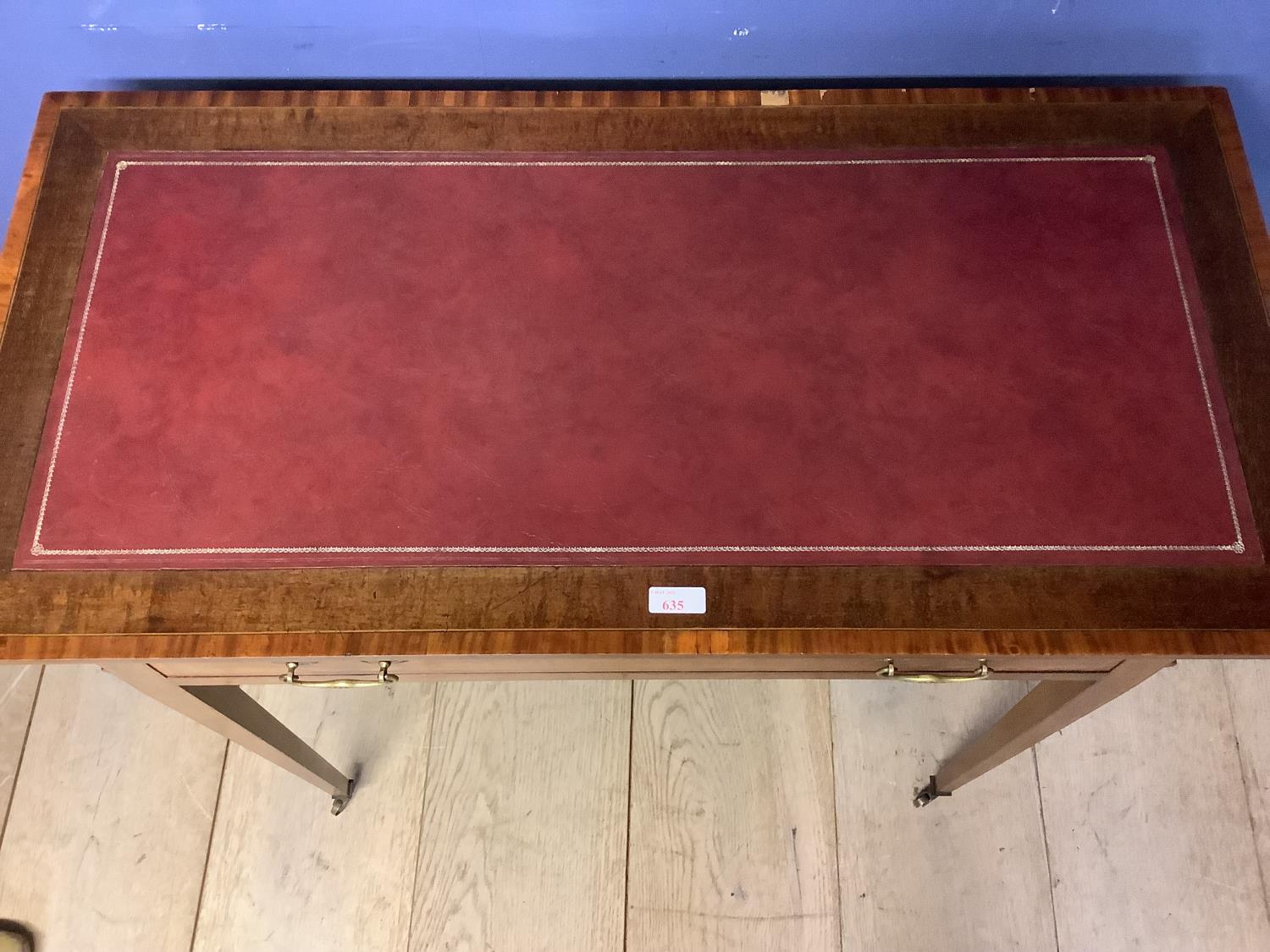 Small satinwood and inlaid writing desk, with tapered legs to castors and an inset tooled red - Image 4 of 6