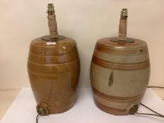 Similar pair of Lambeth Style stoneware flaggons, converted to lamps, 53cm and 51cm each height