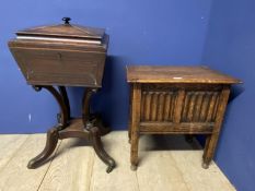 A Georgian mahogany and inlaid tepoy on stand, with fitted interior, and an oak work box, as found