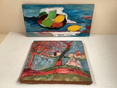 An oil on paper abstract scene in the style of Van Gough, and an abstract still life on board, 31