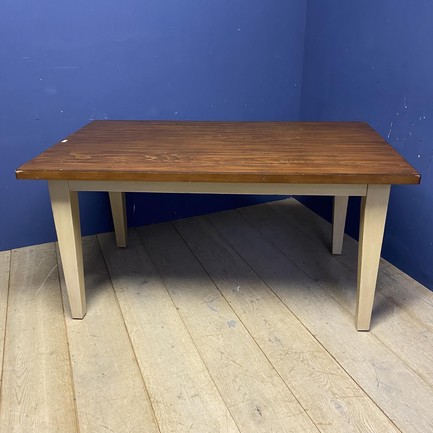 Refrectory style plank top kitchen table with painted leg, 153cmL x 92cmW x 77cmH, as found