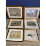 Collection of nautical themed pictures, to include etching prints and a watercolour scene, 24 x 34cm