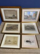 Collection of nautical themed pictures, to include etching prints and a watercolour scene, 24 x 34cm
